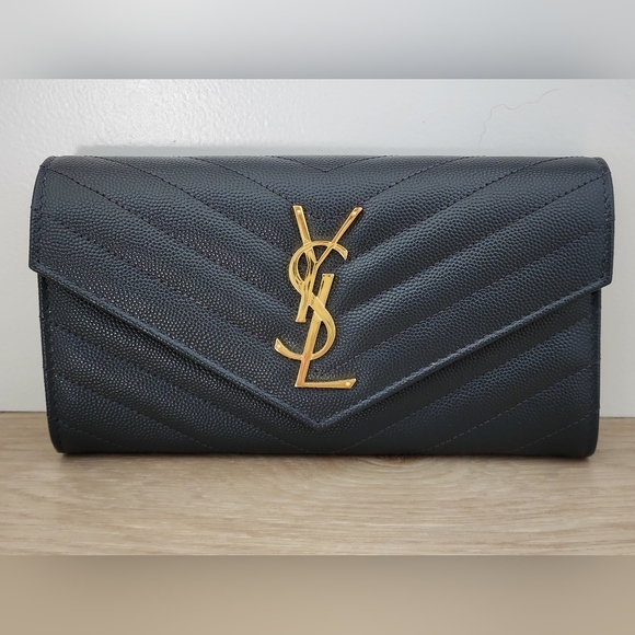 Saint Laurent Grain de Poudre Matelasse Flap Wallet Dark Gray Leather Gold YSL - Picture 1 of 12